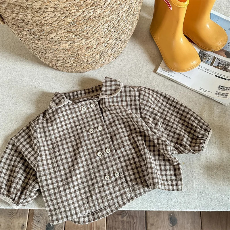 deer jonmi Spring Korean Style Baby Girls Plaid Blouses Peter Pan Collar Bat Sleeve Toddlers Kids Cotton Linen Blouses 251217