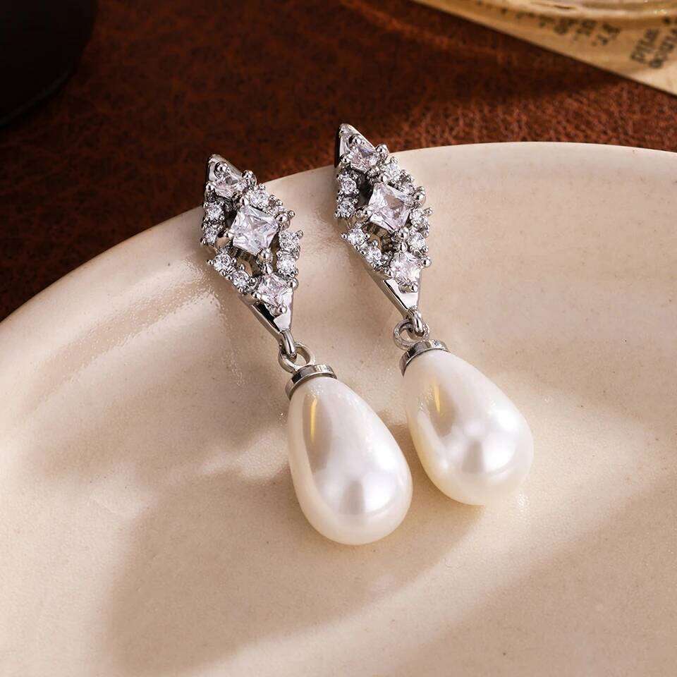 ZAKOL Fashion Geometric Zircon Teardrop Pearls Bridal Earrings Sliver Gold Color Banquet Party Accessories Jewelry Gift