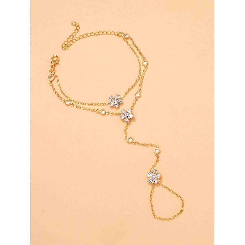 Rhinestone flower finger bracelet for women, daily party jewelry, wristband, simple and fashionable jewelry accessories 25H1229