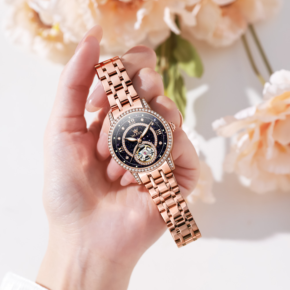 OLEVS High end new women's watch, niche personality, diamond inlaid fully automatic mechanical women's watch, waterproof hollow watch