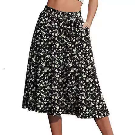 Women's A-Line Cake Waist Casual Midi Draped Elastic Flared Drawstring Fringe Hem Punk Vintage for Casual Wear Printed Pocket