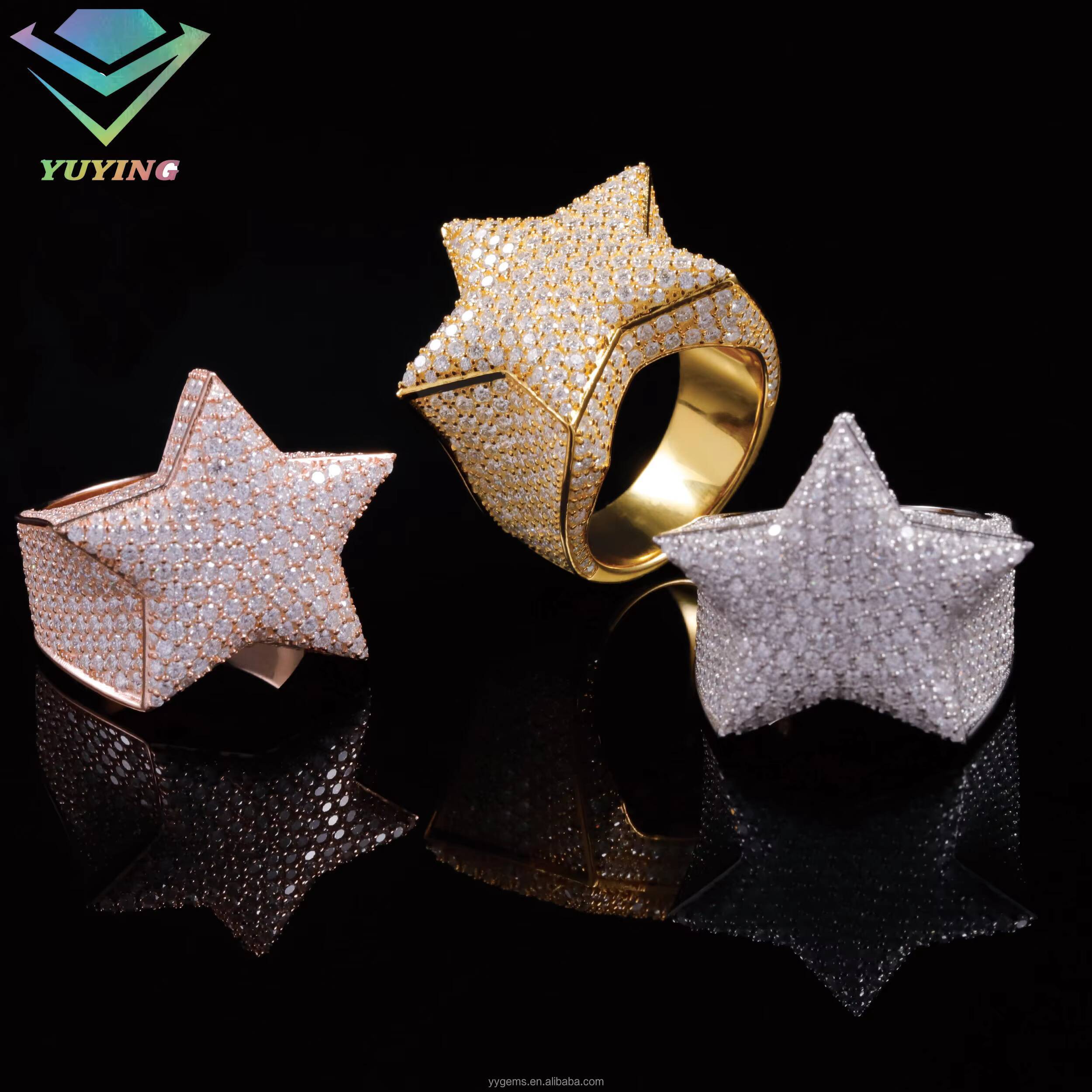 Fashion Hip Hop Lucky Star Fine Jewelry Full Iced Out Gold Plated 925 Sterling Silver VVS Moissanite Diamond Star Ring Men Women