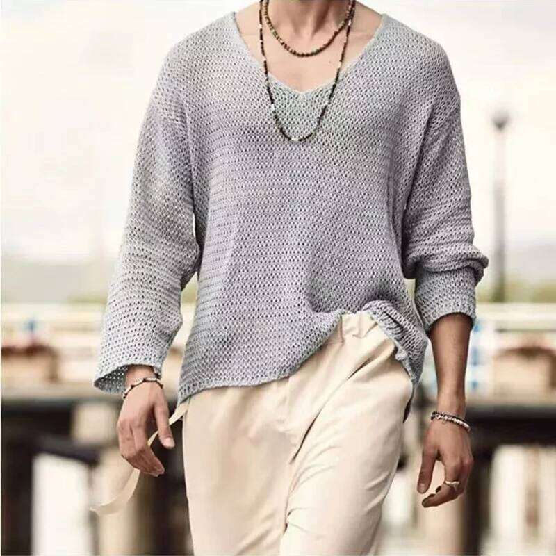 2025 New Men's Loose Long Sleeve Casual Hollow Knitted Sweater Outer Shirt Fashion Versatile Top