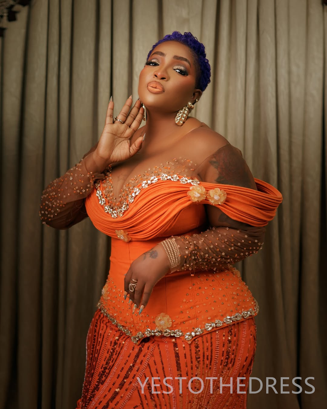 2026 Plus Size Orange Prom Dress Mermaid Evening Dress Robe De Soiree Sheer Neck Long Sleeves Beaded Lace Crystals Birthday Dress Second Reception Gow