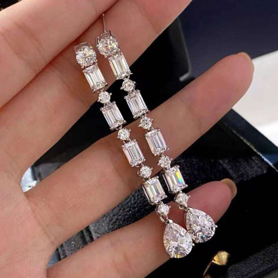 Luxury Geometric Water Zircon Long Drop Shiny Square Crystal Zirconia Charming Earrings Wedding Party Jewelry