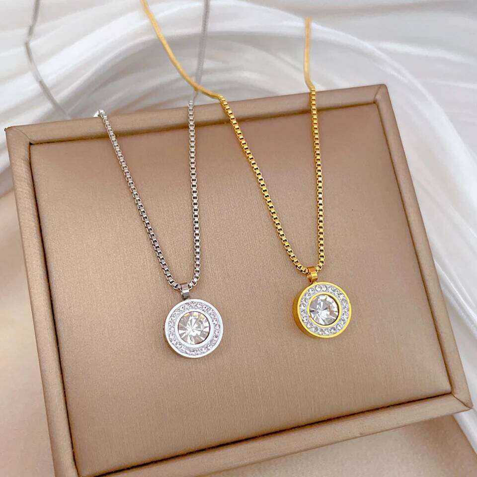 ZAKOL Shiny Crystal Zircon Round Pendant Necklace Earrings for Women Exquisite Stainless Steel Chain 2 Pcs Jewelry Set
