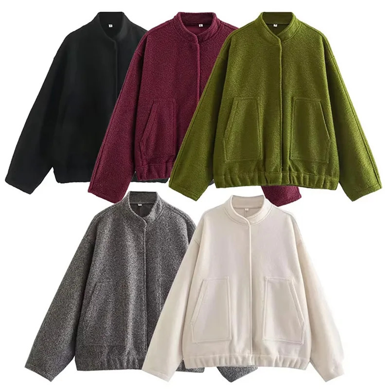 2025 Winter Female Fashion Bomber Jacket Long Sleeve Solid Color Grey Turtleneck With Pockets Single Breasted Retro Loose Coat 251225