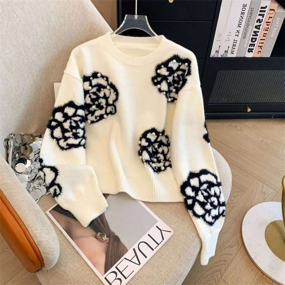 Vintage Beading Flower Embroidery Sweater Women Autumn Winter O Neck Loose Long Sleeve Pullover Fashion Knitted Tops