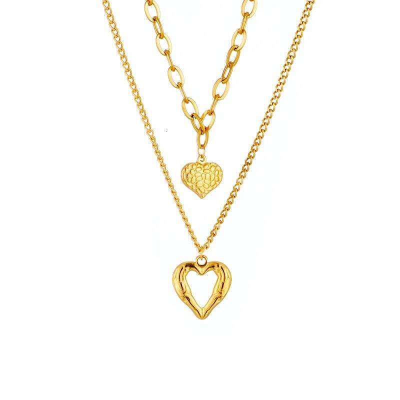 ZAKOL Stainless Steel Double Heart Pendant Necklace for Women Fashion Gold Color Stacked Waterproof Choker Jewelry Gift