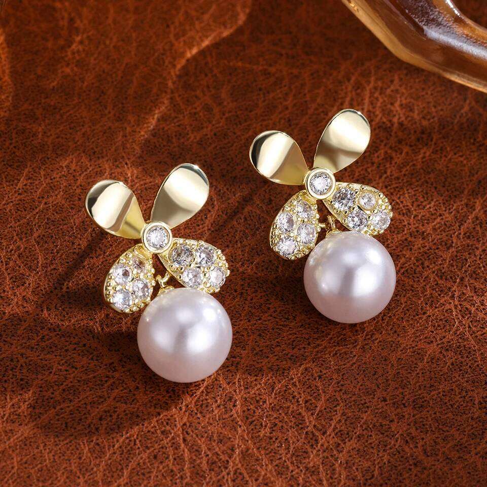 ZAKOL Elegant Four-leaf Flower Imitation Pearl Drop Dangle Earrings for Women Fancy Bride Brilliant CZ Wedding Jewelry