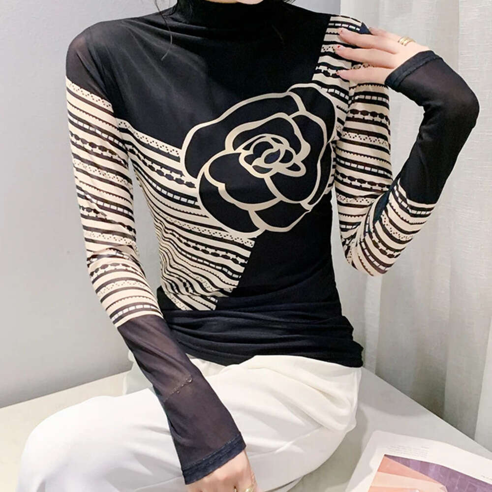 Tshirts Girhalf Turtleneck Long Sleeve Slim Fit T-Shirt Top Women Autumn Spring Double-Layer Mesh Tees