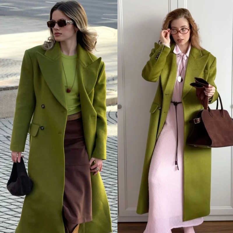 Fashion Women Long Coat Peaked Lapel Double Breasted Jacket Blazers Autumn Winter Birthday Party Customized Overcoat