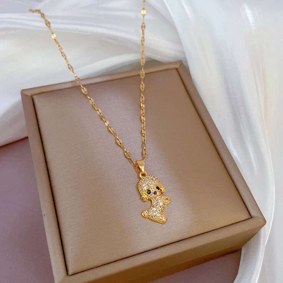 ZAKOL Cute Cartoon Dog CZ Pendant Necklace Shiny Zircon Crystal Titanium Steel Chain Animal Necklaces Party Jewelry