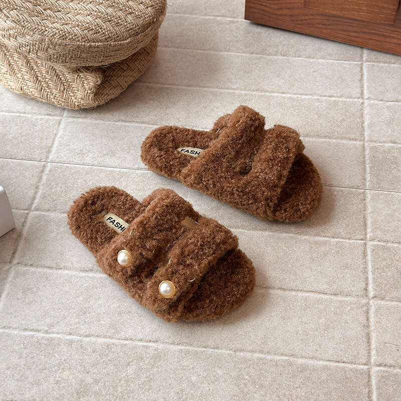 Children's One-Word Furry 2025 Spring and Autumn New Korean Style Girls' Fashion Versatile Soft Sole Home Slippers