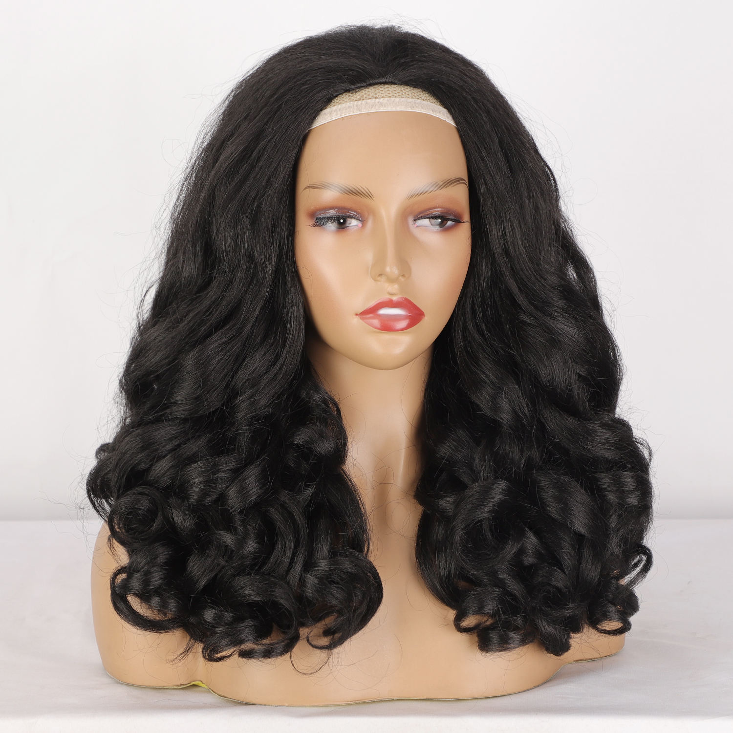 Short wave heat resistant synthetic wig, black, women's natural black headband curly wig, wholesale at affordable prices