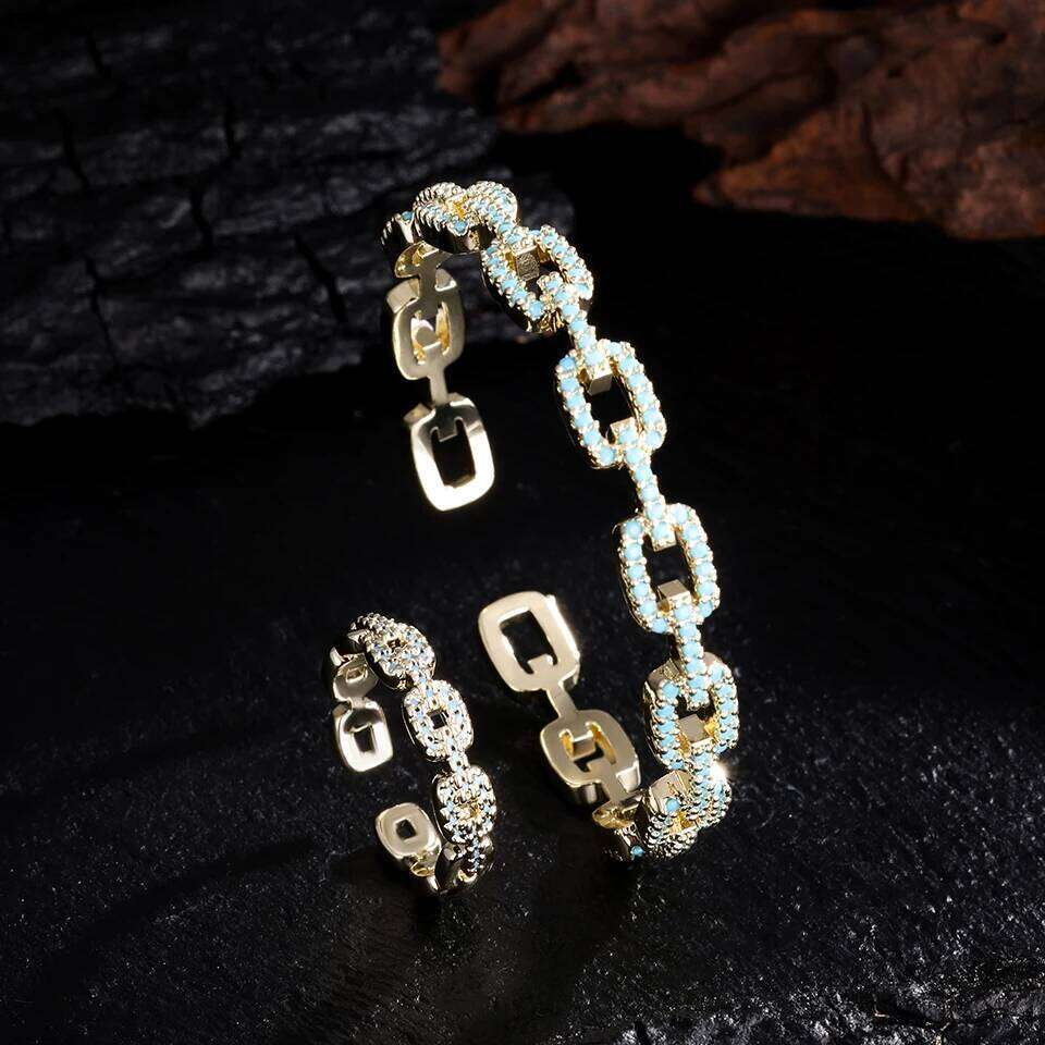 ZAKOL New Niche Design Turquoise CC Shape Open Bracelet Ring Set for Women Buling Zircon Exquisite Wedding Party Jewelry