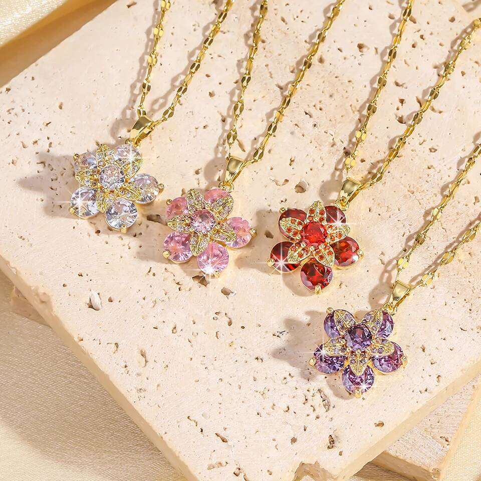 ZAKOL Luxury Rotating Flower Pendant Necklace for Women Delicate Colored Zircon Fashion Trend Chain Necklaces Party Jewelry