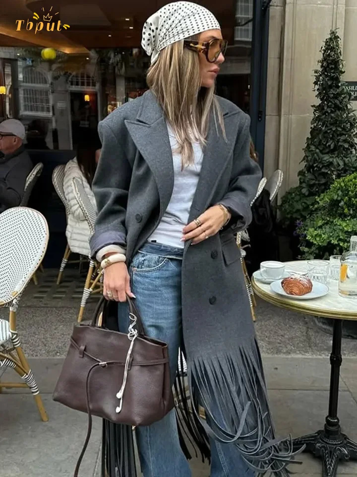Grey Tassel Hem Woolen Blend Overcoat Women Elegant Lapel Double Breasted Full Sleeve Warm Loose Long Coat 2025 Commute Outwear 251216