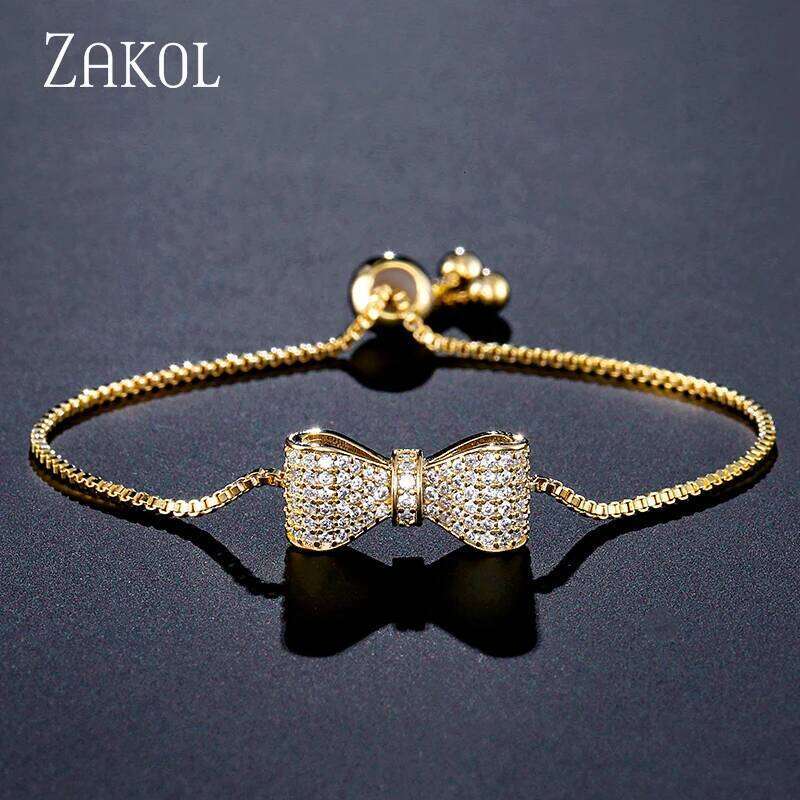 ZAKOL Fashion Bow Zirconia Crystal Adjustable Bracelet & Bangle for Women Brilliant CZ Party Jewelry
