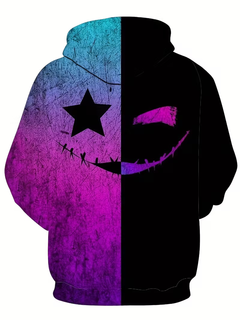 Streetwear Contrast-Color Men's Hoodie Purple-to-Black Gradient Star & Smiley Print Relaxed-Fit Oversized Hooded Sweatshirt with Unique Street St