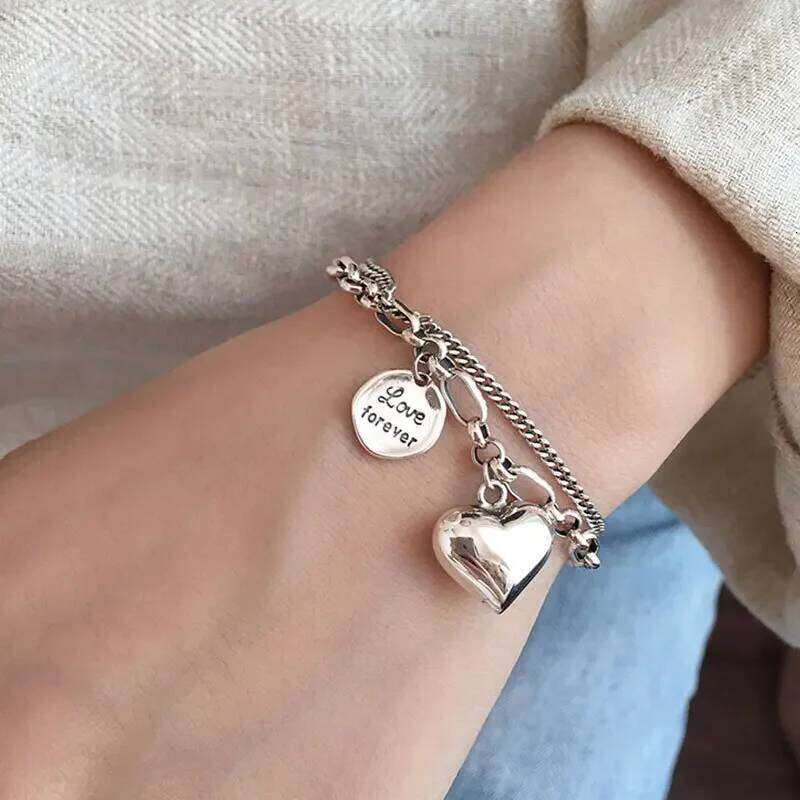 Elegant 925 Sterling Love Letter Heart Double Layer Bracelet Female Unique Design Thai Silver Retro Light Luxury Jewelry 25H1229