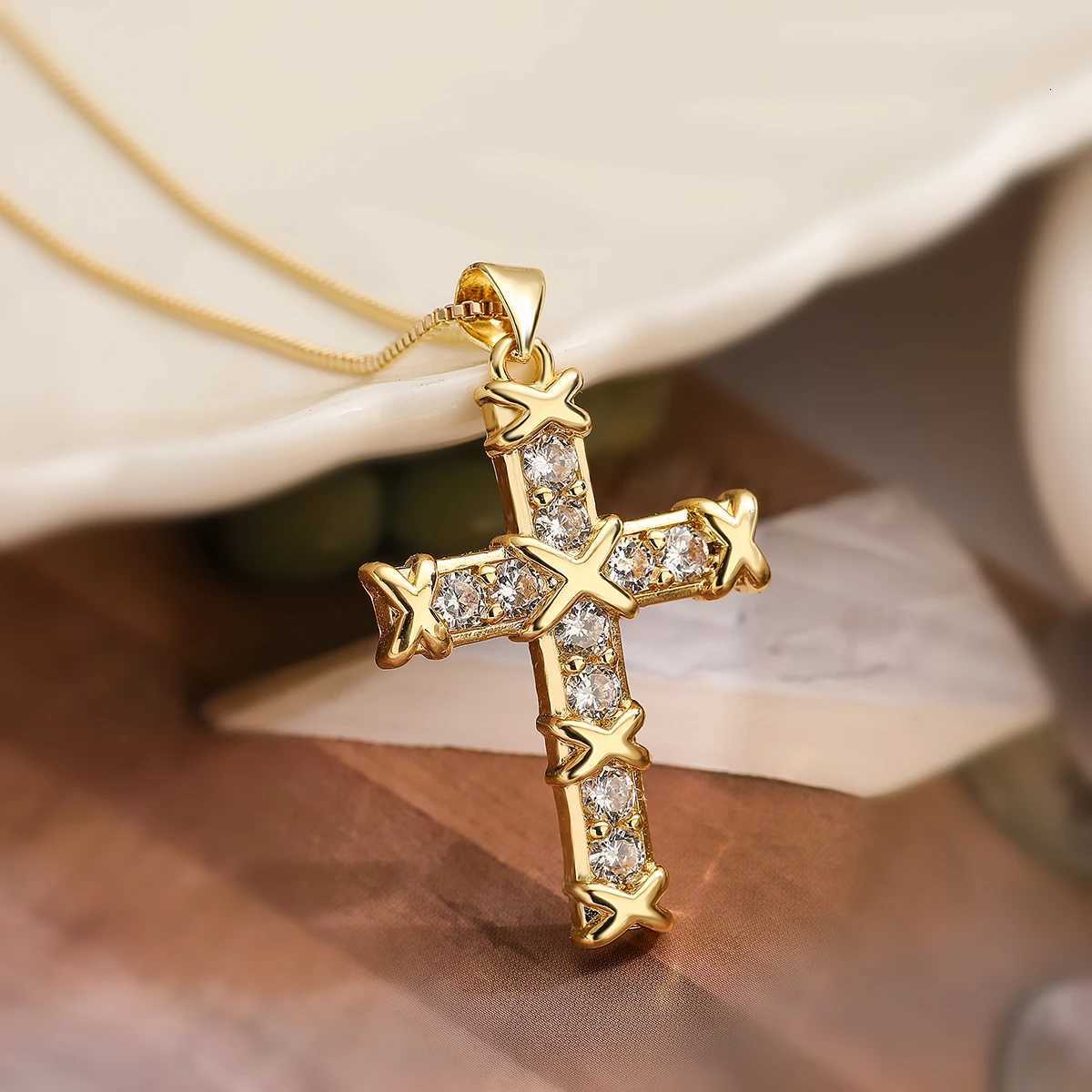 NEWBUY Fashion Gold Color AAA CZ Zircon Cross Pendant Stainless Steel Chain Necklaces For Women Men Wholesale Y251227