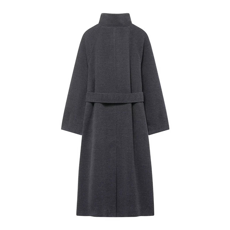 2Piece Womens Long Trench Coat Set Dark Grey Black Stand Collar with Waist Belt ButtonUp Wool Blend Outerwear 251216