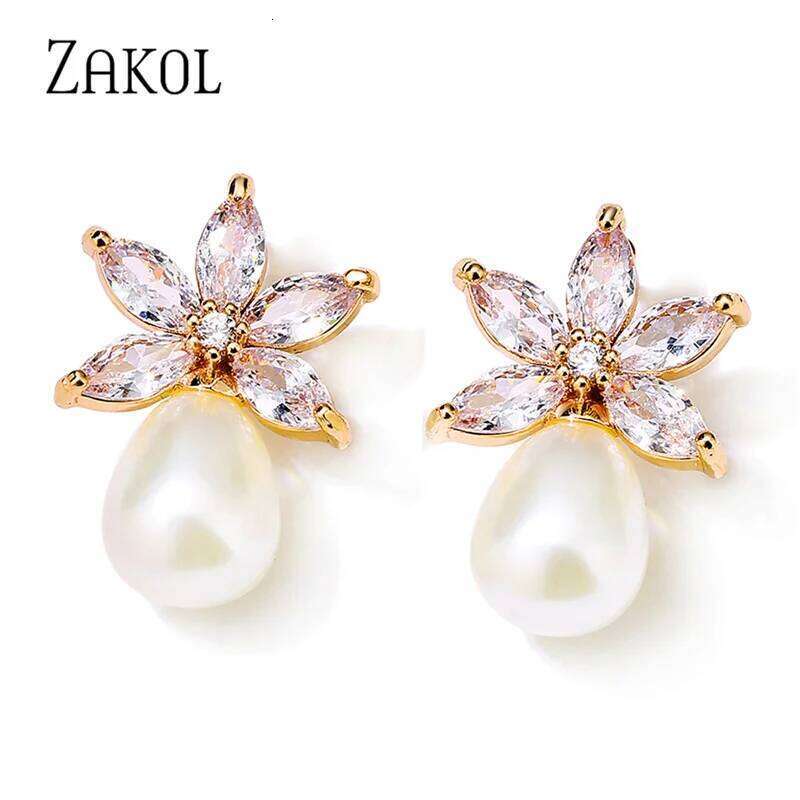 ZAKOL Fashion Simple Leaf Cubic Zirconia Pearl Drop Stud Earrings for Women Elegant Bride and Bridesmaid Earring