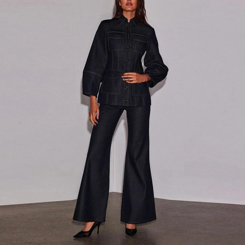 Krisstar Vintage Denim 2 Piece Pants Set Outfits Jacket and Jeans 2025 Autumn Winter Woman Pockets Denim Sets Clothing 251230