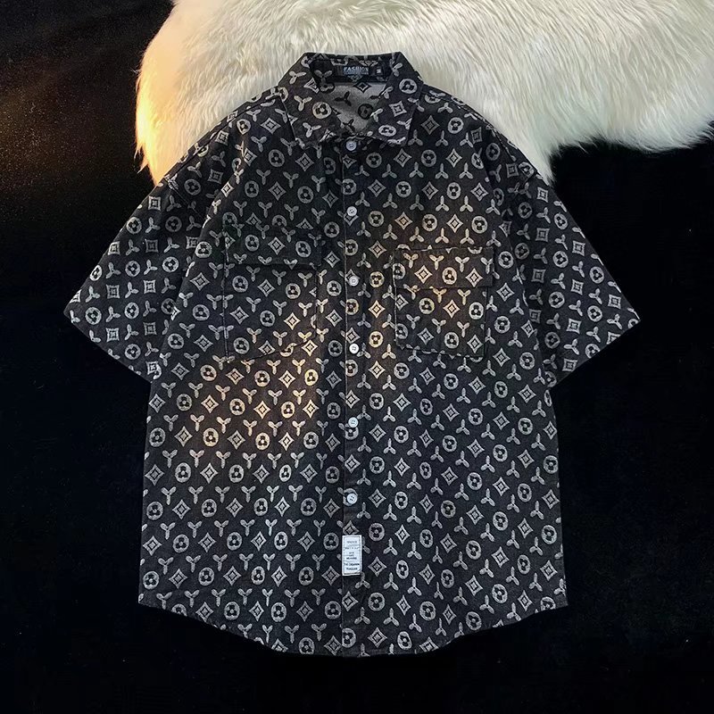 2026 summer new arrival casual men's print short sleeved shirt fashionable loose versatile simple top black blue free shipping