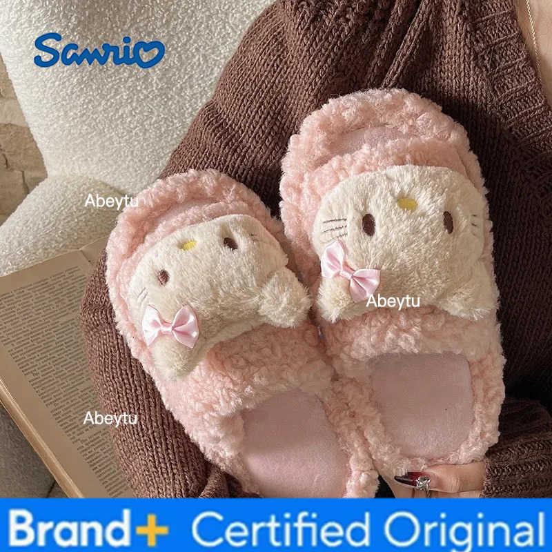 Sanrio New Hello Kittys Cartoon Plush Cotton Slippers Flat Bottomed Non-slip Autumn and Winter Fluffy House Shoes Girls Gift H251230
