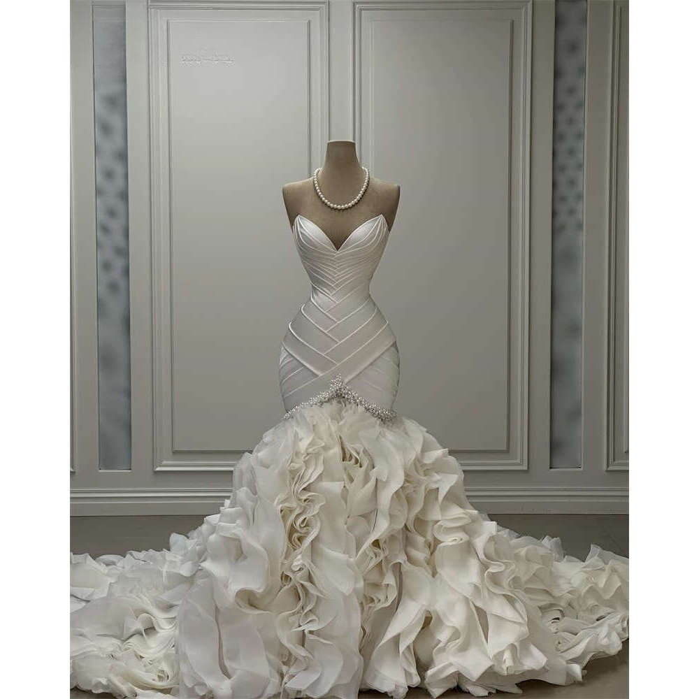 White Ivory Customized Princess Ruffles Tiered Organza Satin Wedding Dresses Mermaid Long Arabic Bridal Gowns With Ruched Tier Ruffle Skirt Luxury Rob
