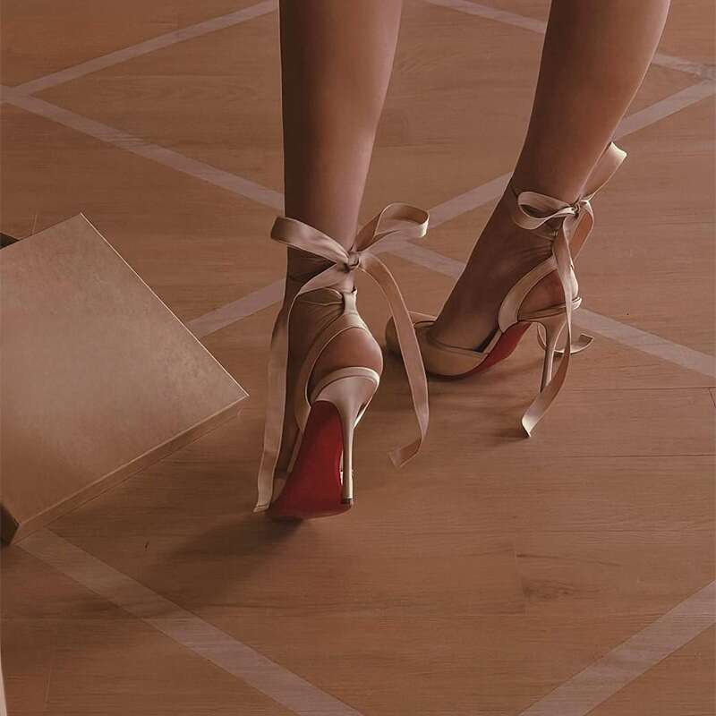 Ballet Flats Square Toe New Satin Lace-Up Bowknot Stiletto High Heels Closed-Toe Sandals for Women