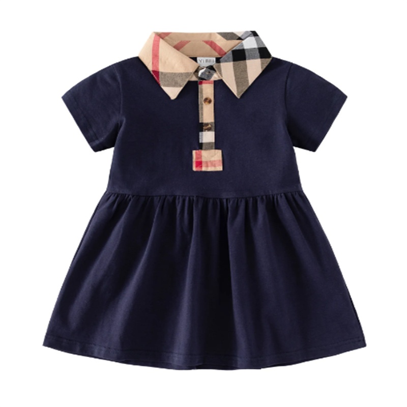 Summer Girls Dresses kids Baby Clothe Short Sleeve Princess Dress Children Turn-Down Collar Plaid Dress 3 Colors
