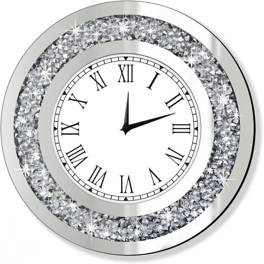 LUVODI Wall Clock Mirror Clock Sparkle Bling Round Diamond Wall Clock with Silver Tawny Tinted Crystal Crushed W251028