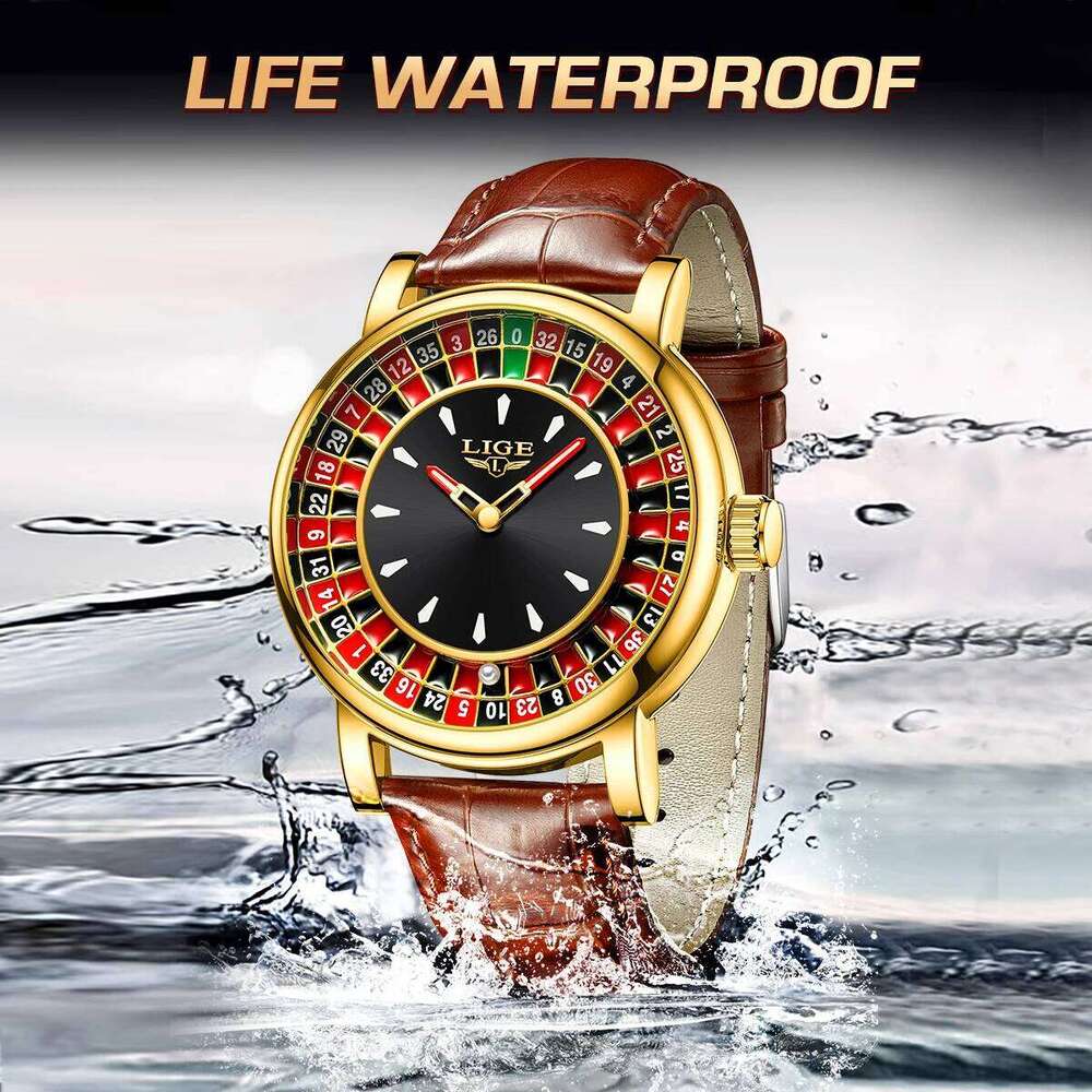 LIGE Fashion Leather Rotating Dial Las Vegas Roulette Desktop Lucky Watch Men Waterproof Luminous Clock Watches 25M1230