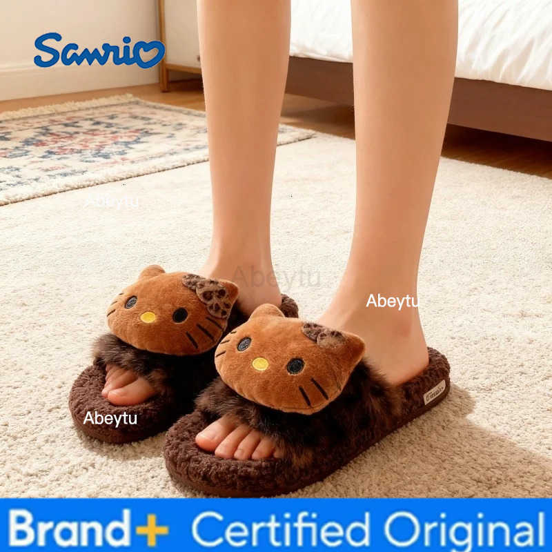 Sanrio Kids Slippers House Shoes Cartoon Hello Kitty Open Toe Winter Shoes For Girls Warm Anti-slip Beige Brown Shoes Size 36-41 H251230