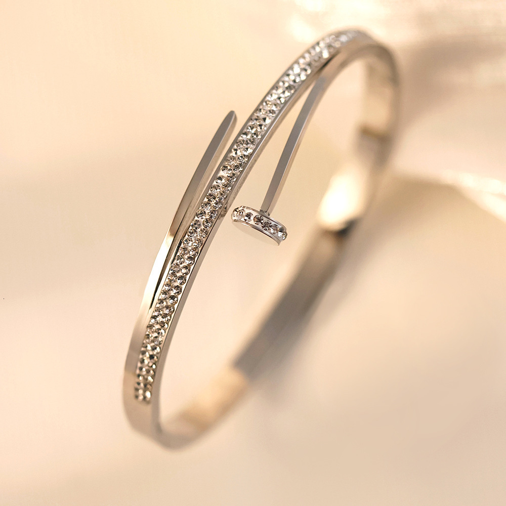 Luxury Brand Designer Jewelry Women's Wholesale Electroplated Gold Women's High-End Non-Fading Jewelry Nail With Rhinestone Steel Bracelet - view 7