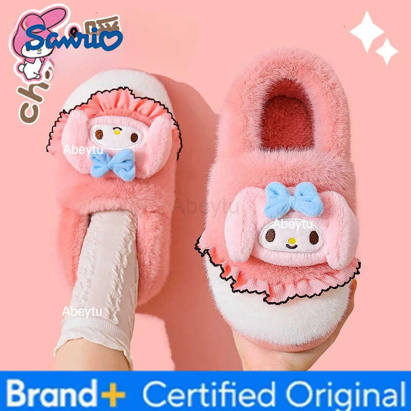 Sanrio Kids Slippers House Shoes Cartoon Kuromi With Heel Cover Winter Shoes For Girls Warm Anti-slip Pink Pruple Shoes Size 35-41 H25123011