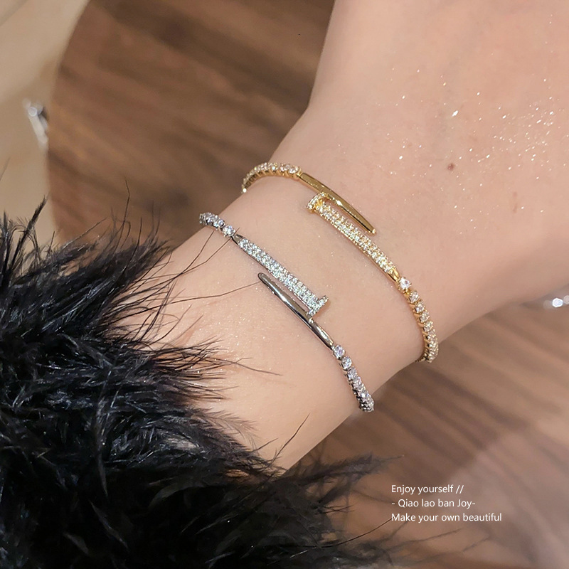 Luxury Brand Designer Jewelry Real Gold Plated Zircon Nail Geometric Adjustable Bracelet Simple High-End Elegant Commuter Bead Versatile
