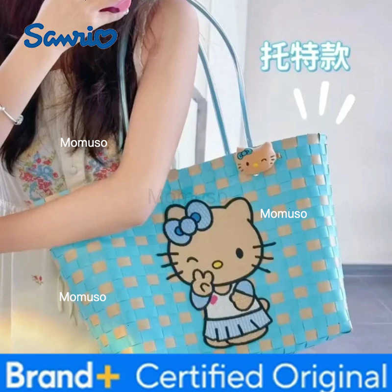 Sanrio New Hello Kitty Handheld Woven Bag Fashion High Quality Girls Beach Bag Cartoon Large Capacity Multifunctional Womens Handbag H251230