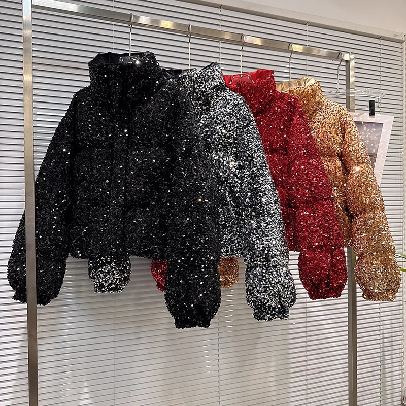 DEAT Winter Fashion Heavy Industry Colorful Sequin Stand Collar Warm Jacket For Women Cotton-padded Coat 11A07258 251226 - view 7
