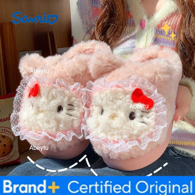 Sanrio Kids Slippers House Shoes Cartoon Cat Cotton Winter Shoes For Girls Anti-slip Soft Bottom Warm Green Pink Shoes Size 36-41 H251230