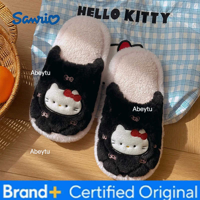 Sanrio Kids Slippers House Shoes Hello Kitty Cotton Winter Shoes For Girls Anti-slip Soft Bottom Warm Black Pink Shoes Size 36-41 H251230