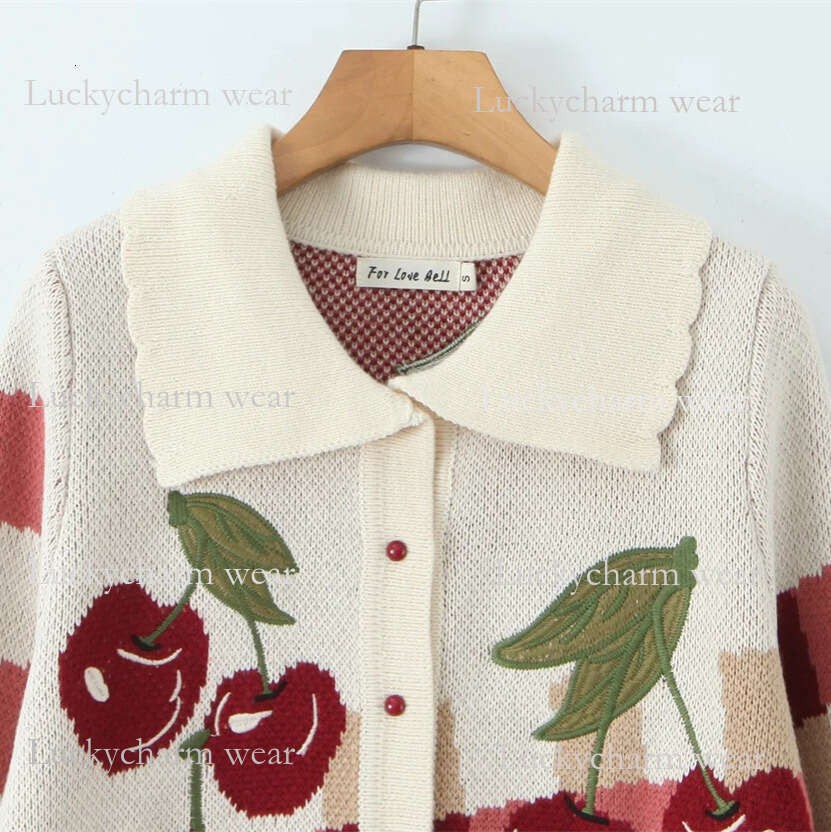 Autumn New Turn-Down Collar Knitted For Women Single-Breasted Cherry Embroidery Jacquard Short Long-Sleeve Cardigan Sweater