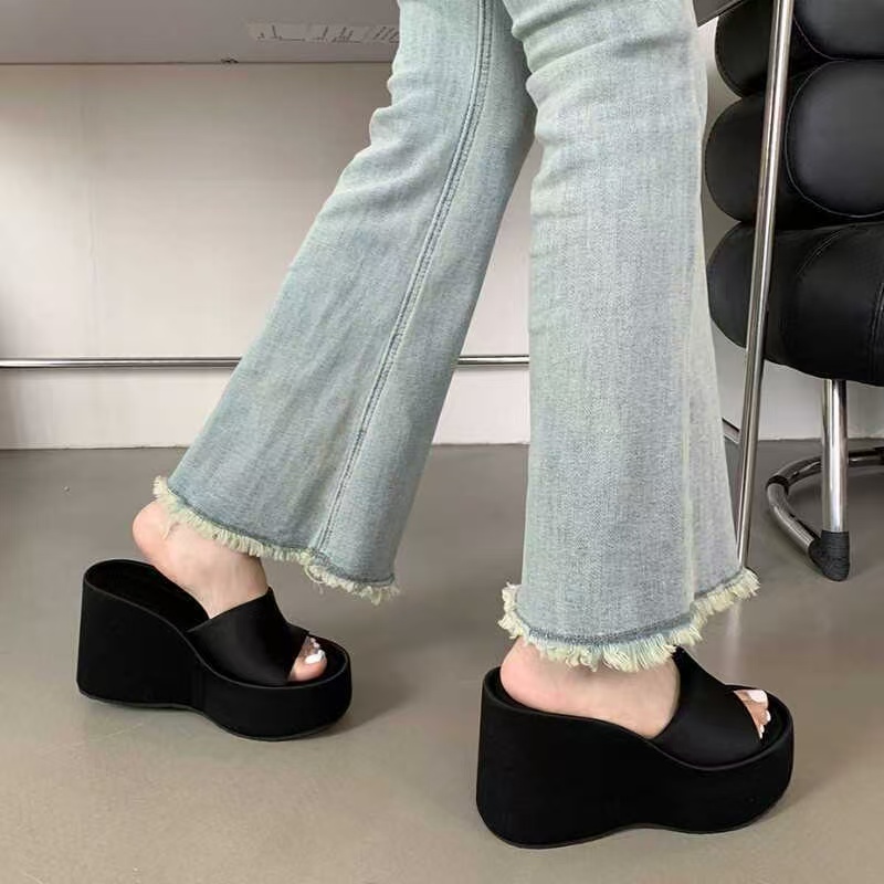 Liyke Open Toe Wedges Slippers For Women Cozy Soft Pink Leather Chunky Platform Sandals Female Shoes High Heels Slides