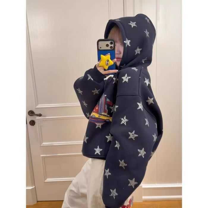 Retro letter star print hooded pullover women's thick fleece fall/winter relaxed style loose couple's outerwear L251230