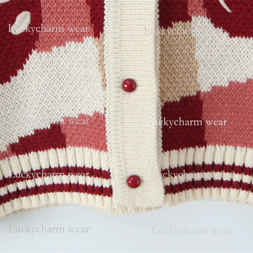 Autumn New Turn-Down Collar Knitted For Women Single-Breasted Cherry Embroidery Jacquard Short Long-Sleeve Cardigan Sweater