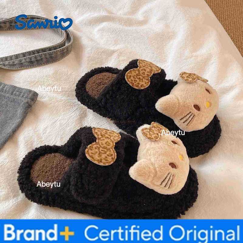 Sanrio Leopard Print Hello Kitty Slippers Anime Home Plush Slippers Anime Winter Warm Outdoor Ladies Slippers Girl Gift Shoes H251230