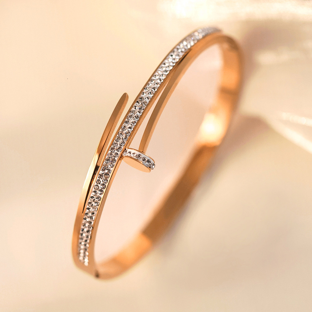 Luxury Brand Designer Jewelry Women's Wholesale Electroplated Gold Women's High-End Non-Fading Jewelry Nail With Rhinestone Steel Bracelet - view 9